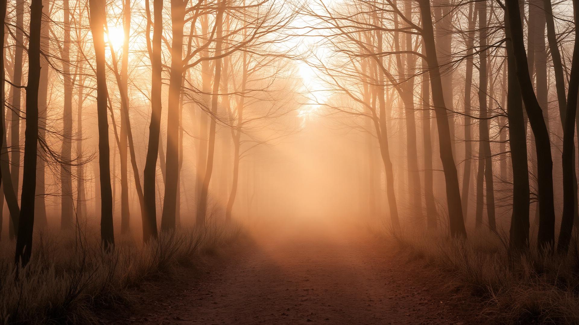 A quiet forest path at dawn, mist rising through the trees