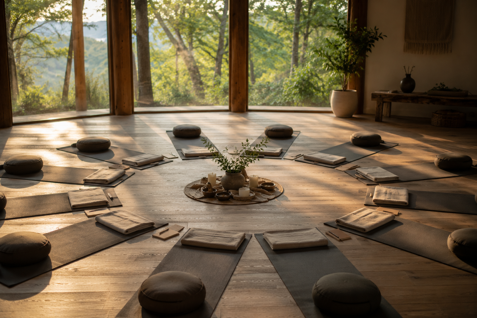A sunlit studio with cushions arranged in a circle, overlooking a green forest