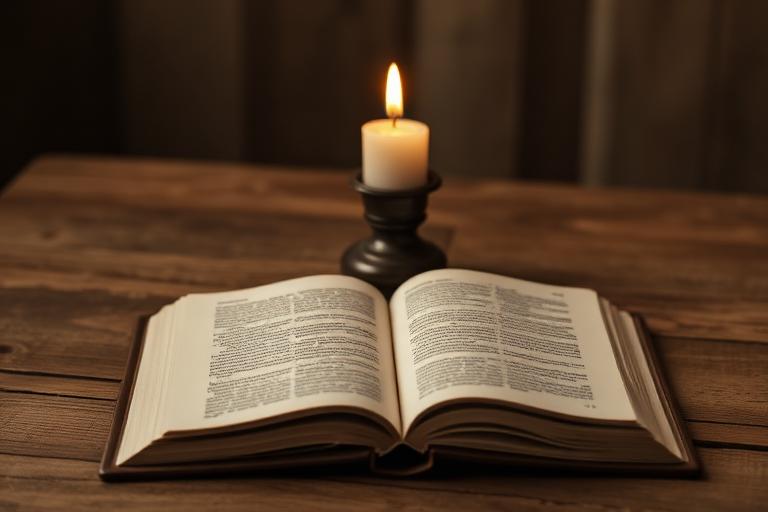 An open book and a candle in a quiet, warmly lit room